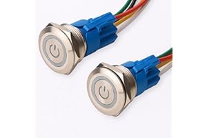 Gebildet 2Piezas 22mm Enclavamiento Pulsador de Botón Metálico Interruptores Acero Inoxidable Impermeable Plana Top ON/Off 12V-24V 5A Pulsador con Enchufe de Cable(LED Blanco)