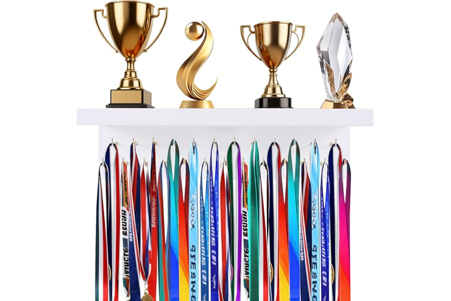 YEXEXINM White Medal Hangers Display Holder Rack with 25 Hooks Wooden Race Trophy Shelf Wall Mount Organizer for Trophies Awards Medals Ribbons Sports Lover Gift