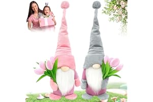 HBSFBH Bambola Gnomo Senza Volto, 2 pezzi Pasqua Gnomo Peluche, Peluche Gnomo Bambola, Gnomi Pasqua Set con fiori a tulipano per la Festa Della Mamma Pasqua San Valentino Primaverile Di Regal(Grigio+Rosa)