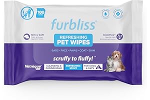 Furbliss Hygienic Pet Wipes for Dogs & Cats, Cleansing Grooming & Deodorizing Hypoallergenic Thick Wipes with All Natural Deoplex Deodorizer, Refreshing Scent - by Vetnique Labs (100ct)