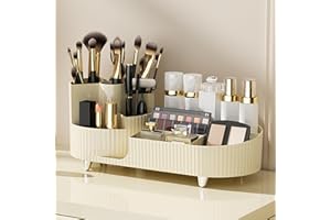 NWK Makeup Organiser with 360° Rotating Makeup Brush Holder Cosmetice Organiser for Lipsticks Brushes Perfume Lotions (Creamy White, 1 Tier)