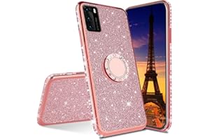 IMEIKONST Huawei Y5P Funda Sparkly Bling Brillantina Diamante Soporte Rotating Ring Kickstand Silicon TPU Bumper Protector Delgado Carcasa para Huawei Y5P Bling Rose Gold KDL