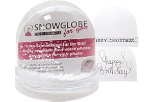 ‎SCHNEEKUGELHAUS Fotoschneekugel | mit Schnee und Glitzer | Schneekugel mit Foto mit Sockel transparent | B: 9 cm H: 8 cm | Fotogeschenk | Bilderrahmen | 2 Malvorlagen | 50008