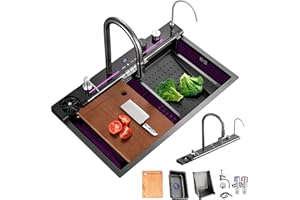 XDXINY Lavello da cucina Lavello da cucina con display digitale in rilievo, grande postazione di lavoro in acciaio inossidabile con rondella a pressione e due cascate (NEW JY, 75×45×22CM)