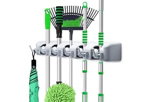 LETMY Broom Holder Wall Mounted - Mop and Broom Hanger Holder - Garage Storage Rack & Garden Tool Organizer - 5 Position 6 Hooks for Home, kitchen, Garden, Tools, Garage Organizing
