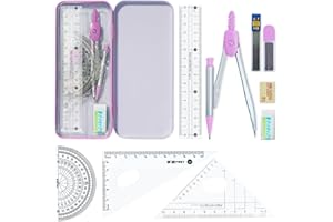 Holseylex 9 Stück Zirkel Set, Geometrie Set, Schreibwaren Set Mathe Enthält Zirkel mit Zirkelminen, Geodreieck, Lineal, Winkelmesser Halbrund und Radiergummi für Schule (Violett)