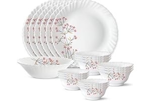 Larah by Borosil Red Bud Silk Series Opalware Dinner Set | 19 Pieces for Family of 6 | Microwave & Dishwasher Safe | Bone-Ash