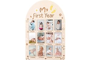 Gosknor Marco de Fotos de Mi Primer Año, Tablero de Exhibición de Fotos de Madera para Bebés Marco de Fotos de 12 Meses Regalo del Primer Cumpleaños de Recién Nacido para Decoración de Guardería