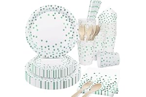 DN DENNOV 168 Pièces Ensemble D'assiettes en Papier Jetables Vert,Vaisselle de Fête Assiette Serviette Couverts Pour Anniversaire Mariage Décoration Avec Fourchette Cuillère (24 Invités)