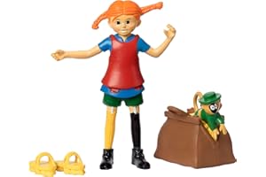 PIPPI LANGSTRUMPF PIPPI Longstocking Toys - Juego de muñeca de Juguete de Figura de acción, Pippi + Mono Mr. Nilsson con Maleta de Dinero + Zapatos de Cepillo para Fregar, Accesorios para muñecas, 80 mm de Alto, a