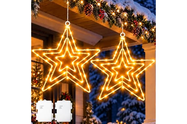 yowin Julstjärna fönsterlampor 2-pack 75 LED-stjärnlampor batteridrivna med timer, vattentät stor metall hängande julgransbelysning för julfönster veranda rum inomhus utomhusdekorationer