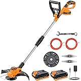 JYGMPRO Decespugliatore a Batteria 21V, Tagliabordi a Batteria Brushless con 2 Batterie 2,0Ah, 2 Lame, 2 Bobina(5m), Impugnat
