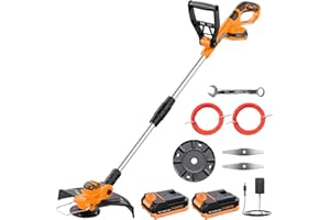 JYGMPRO Akku Rasentrimmer 21V, Akku Freischneider Bürstenloser mit 2 Batterien 2.0Ah, 2 Klingen,2 Mähfäden,Verstellbarer Griff,Teleskoprohr, 90°Schwenkbarem Kopf für Rasen und Anderen Gartenarbeiten