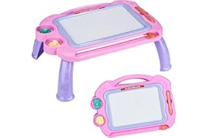 Swbburichy Ardoise Magique Enfant Tableau de Dessin Magnétique Effaçable avec Pieds à 4 Couleurs, 2 Tampons et 1 Pinceau Magnétique-Peinture Jouets et Cadeau d'anniversaire Noël (Unique, Rose)