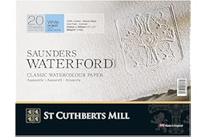 SAUNDERS WATER FORD SERIES ST CUTHBERTS MILL Saunders Waterford, Papel de acuarela para bellas artes, Duro, 300gsm, Bloc pegado por los 4 lados, 12x9, Blanco, 20 hojas