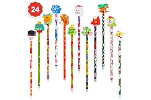 Qpout Christmas Pencil with Eraser Toppers Xmas Favours Supplies- Santa Snowman Snowlake & Christmas Tree