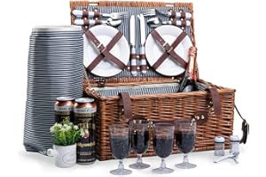 NUKDEY Wicker Picnic Baskets for 4 Retro Classic Willow Hamper Service Set with Cooler Compartment and Waterproof Blanket Utensils Cutlery Set Gifts for Camping Beach and Outdoor Party
