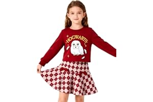 PATPAT Harry Potter Set di Abbigliamento per Bambine Hogwarts Hedwig Owl Felpa + Gonna a Quadri, Maglia a Maniche Lunghe Rossa Abbigliamento Autunno Inverno Gryffindor Regali di Natale 6-12 Anni