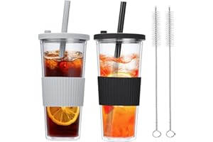 BYZESTY Bubble Tea, 2 sztuki kubków Boba do picia, wielokrotnego użytku, z pokrywką i słomką, izolowane kubki plastikowe z podwójnymi ściankami, przezroczyste kubki do kawy, herbaty owocowej