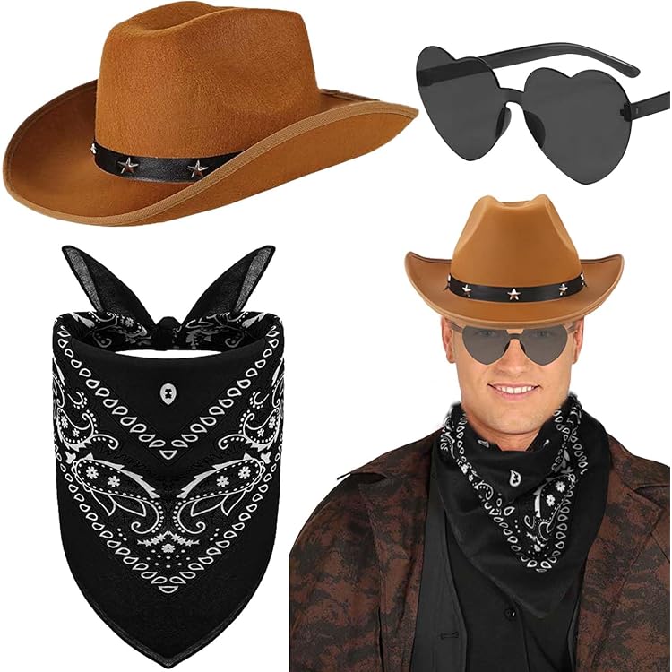 Kit Déguisement Cowboy Adulte - 2 Chapeaux, 2 Bandanas, 2 Lunettes, Pour Halloween Et Fêtes Déguisées