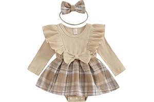 Vioyavo Infant Baby Girls 2Pcs Dress Outfits Ruffle Long Sleeve Plaid Print Skirt Romper with Headband Set Cute Fall Short Skirt Set