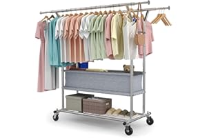 HOKEEPER Schwerlast Kleiderständer auf Rollen, Doppelter Kleiderstange,bis 283 kg belastbar,Industrie-Design, Garderobenständer mit Ablage& Wäschekorb,ausziehbare Länge und Höhe