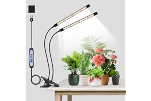 Garpsen Lampada da coltivazione per piante da interno, 2 teste di lampada da coltivazione LED a spettro completo, lampada da coltivazione a 40 LED con timer automatico (6/12/16H), 5 livelli di