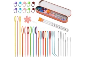 MASPHY 36 Pezzi Kit di Aghi a Cruna Grande in Plastica, Aghi a Cruna Grande in Plastica Colorata con Maglia Marcatori Chiusura, Aghi a Cruna Grande Smussati con Boccetta per Aghi per Principianti