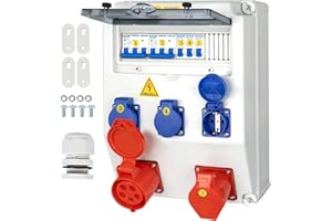 CHENGPI Distribuidor de Corriente para Construcción, Distribuidor de Pared para Obras con Disyuntor, 5P CEE Socket y Schuko Socket, Distribuidor de Consumo Eléctrico para Talleres y Fábricas