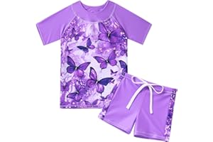 Fanient Girls Swimming Costume Kids Two Pieces Short Sleeve Swimsuit Cute Printed Swimming Suit UPF 50+ Protection Swimwear Sets 4-10 Years