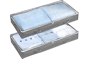 LACUSMALL Unterbett Aufbewahrungsbox 2 Stück Aufbewahrungstasche 90L, Unterbettkommode Aufbewahrung Faltbare mit deckel und Reißverschluss, Organizer Umzugskartons für Kleidung Bettdecken,100x50x18cm,Grau