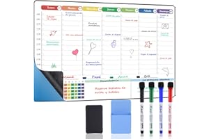 POPRUN Pizarra Blanca Calendario da Adhesivo, Planificador Semanal con Horario Aplica Nevera, Pared y Puerta, Ideal Planificador de Menú, Pizarra Cocina, Lista de la Compra, 42×28cm - en Español