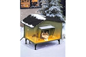 PETEMPO Heated Cat House Outdoor, Waterproof Insulated Winter Cat Shelter with Heating Pad (35-45°C), Elevated Base, Escape Door & Roof Window, for Multiple Cats, M (50x41x52 cm)