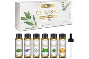EUQEE Oli Essenziali per Diffusori 6x10ml, Set di Olio Essenziale Naturali Puri - Lavanda, Eucalipto, Menta Piperita, Tea Tree, Arancia Dolce, Citronella