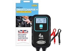 RING SMARTCHARGE 4A Car Charger & Maintainer With Crocodile Clips & Built-In Hanging Hook - Compatible With Lithium Ion, Lead Acid, Gel, Calcium, EFB & AGM Batteries