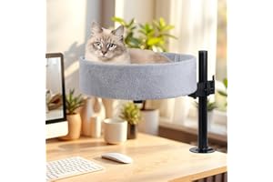 BSWAY Legowisko dla kota na biurko – bez wiercenia, obrót o 360°, regulowana wysokość, podwyższony domek dla kota nad biurkiem, utrzymuje koty blisko miejsca pracy, przezroczysty stół dla kota (szary