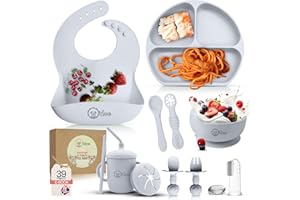 O'doe 11-teilig Baby LED-Entwöhnungszubehör für Kleinkinder, Babyfütterungsset | Saugnapf-Silikon-Babyschale, selbstverzehrende Utensilien mit Löffeln, Tassen, Lätzchen, Essteller-Set mit |Grau, V1