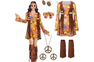 TOLOYE Fantazyjna sukienka dla kobiet w stylu lat 70., kostium hipisowski, z kamizelką z frędzlami, boho, opaska na głowę, zestaw naszyjników w stylu lat 60. XX wieku, sukienka hipisowska, na