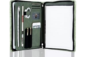 Calfinder A4 Conference Folder, PU Leather Document Folder, Zipper Writing Case A4, Briefcase with A4 Clipboard, Business Portfolio Organizer, Green
