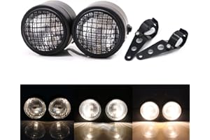 APEBAZY Motorcycle Twin Headlight with Grill Cover and Mounting Bracket Assembly, Retro Double Dual Lamp Halogen Front Headlamp for Bobber Street Fighter Naked Cafe Racer Dominator (Black)
