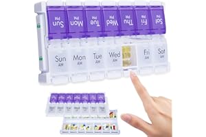 CSTDE Weekly Pill Organiser 2 Times a Day, Easy Fill Large Pill Box 7 Day, Am Pm Medicine Organiser, Push Button Daily Pill Case for Vitamin, Fish Oil, Supplements