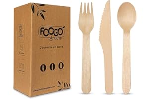 FOOGO Green Ensemble de couverts en bois jetables | 50x Fourchettes, 50x Cuillères, 50x Couteaux | Biodégradable Compostable| Ensemble de couverts écologiques, couleur bois