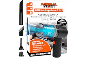 EUROCALI Aspirapolvere Aspirabriciole Senza Fili Auto Casa e Ufficio - Mini Aspiratore e Soffiatore Portatile 2in1 Aspiral DuoAir Ricarica Rapida USB e 4 Accessori Inclusi - Dimensioni 14x15,5x5,5cm