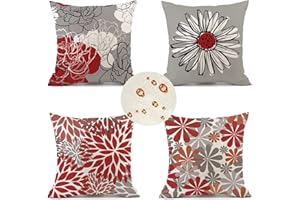 ZOULILE Outdoor Wetterfest Kissenbezug 50x50 cm 4er Set Rot Kissenbezüge Blume Outdoor Kissen Wasserdicht Leinen Quadrat Sofakissen Dekokissen für Garten Terrasse Bank Stuhl Outdoor Heimdekoration Geschenke