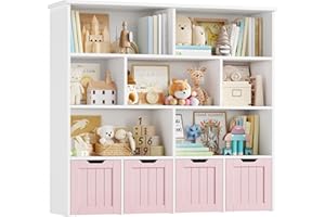 ‎FOREHILL FOREHILL Regał na zabawki dla dzieci, organizer na zabawki, regał na książki dla dzieci, 7 otwartych półek, 4 szuflady z kółkami, do pokoju dziecięcego, różowy, 125,5x33x118cm