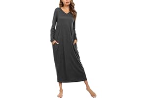 Sykooria Women's Long Nightgown Cotton Baggy Nightdress Plus Size Nightshirt Long Sleeve V Neck Sleep Dress Casual Sleepwear With Pockets