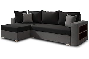 ‎SOFNET Ecksofa Lord mit praktischen Regal - Sofa mit Bettkasten und Schlaffunktion, Schlafsofa, Polsterecke, Couch L-Form, Couchgarnitur, Sofagarnitur (Grau + Schwarz (Alova 10 + 04), Ecksofa Links)