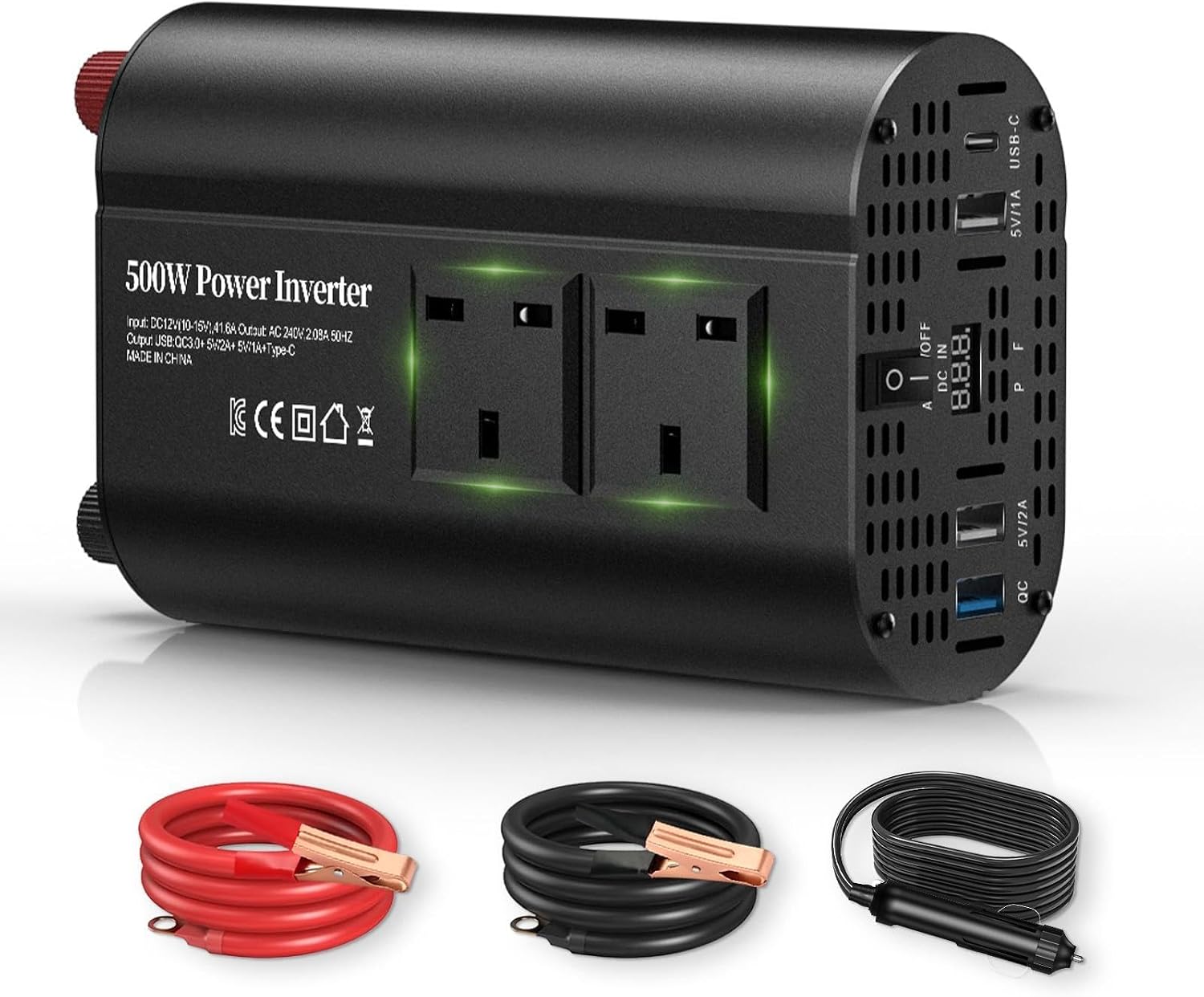 TAGEEBLU 12V 500W Power Inverter 12v to 240v, Car Voltage Converter Transformer with 2 3-Pin Sockets & 2-USB & 1 QC & 1-Type-C Ports for Charging Phones, Laptop, Tablets, TV, Camping Equipment