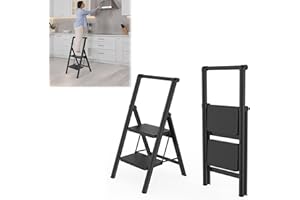 SAILUN Folding Step Ladder, 2-Step, With Handrail, Steel Construction, Non-Slip Rubber Mats, Widened Steps, 250KG Load Capacity, Suitable for Home, Office, Garage, Black
