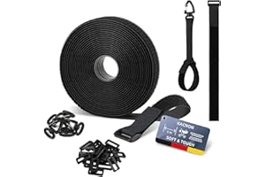 KACNON 5m x 2.5cm Klettband, Wiederverwendbar Klett Kabelbinder mit 25 Metallschnalle und 5 Dreiecksschnalle, Frei Zuschneidbar/Wiederverschließba, für Kabelmanagement,Gartenarbeit,Werkstätten,Schwarz